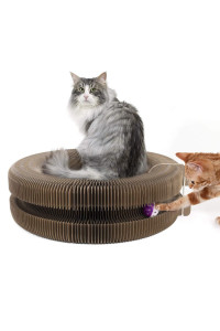 Pawaboo Cat Scratcher Lounge Bed, Multifunctional Collapsible High-Density Corrugated Cardboard Scratching Toy Pad Lounge Round Bed with Built-in Round Bell Balls for Cat Kitty Kitten, Beige