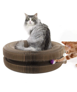 Pawaboo Cat Scratcher Lounge Bed, Multifunctional Collapsible High-Density Corrugated Cardboard Scratching Toy Pad Lounge Round Bed with Built-in Round Bell Balls for Cat Kitty Kitten, Beige