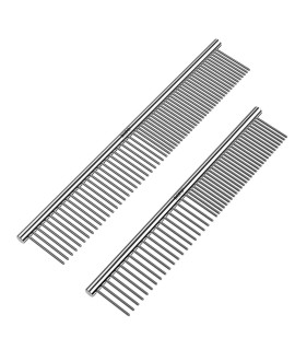 CWXZSTM Pet Steel Combs Dog Cat Comb Tool for Removing Matted Fur - Pet Dematting Comb with Rounded Teeth and Non-Slip Grip Handle - Prevents Knots and Mats for Long and Short Haired Pets,6.5IN/7.4IN