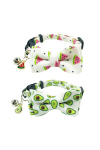 ADOGGYGO Cat Collar Breakaway with Cute Bow Tie Bell - 2 Pack Kitten Collar with Removable Bowtie Watermelon Avocado Pattern Cat Bowtie Collar for Cat Kitten (Avocado & Watermelon)