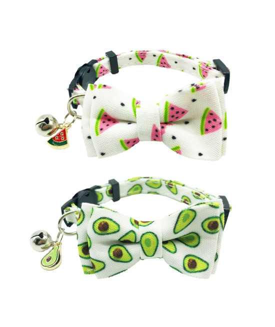 ADOGGYGO Cat Collar Breakaway with Cute Bow Tie Bell - 2 Pack Kitten Collar with Removable Bowtie Watermelon Avocado Pattern Cat Bowtie Collar for Cat Kitten (Avocado & Watermelon)