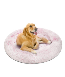 Friends Forever Donut Dog Bed Faux Fur Fluffy Calming Sofa For Large Dogs, Soft & Plush Anti Anxiety Pet Couch For Dogs, Machine Washable Coco Pet Bed with Non-Slip Bottom, 36x36x8 Pink