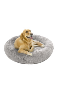 Friends Forever Donut Dog Bed Faux Fur Fluffy Calming Sofa For Large Dogs, Soft & Plush Anti Anxiety Pet Couch For Dogs, Machine Washable Coco Pet Bed with Non-Slip Bottom, 36x36x8 Grey