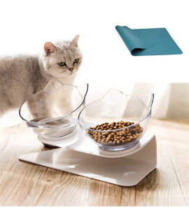 15Elevated Cat Food Bowls with Silicone Pet Mat, Double Raised Cat Transparent Plastic Bowl with Stand, Stress-Free Suit for Cats and Small Dogs, Anti Vomiting cat Bowl, Cute Cat Face Bowl