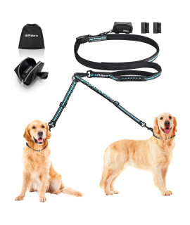 PHILORN Hands-Free Double Dog Leash 110lbs Comfortable Shock Absorbing Reflective Bungee for 2 Dogs Walking Training 66-84 inch Adjustable No Tangle Dual Dog Leash with Pouch 2 Handles (Blue)