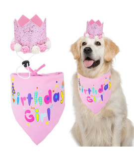 Dog Birthday Bandana Girl Scarf and Crown Dog Birthday Hat, Flower Headwear for Medium to Large Dogs Pink