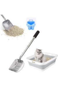 Cat Litter Scoop, Metal Long Handle Litter Scooper with Holder, Stainless Steel Litter Scoop with Foam Pad Grip, No Bending Back Non-Stick Cat Sifter Shovel Pet Poop Fast Sifter