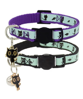 2 Pack Glow in The Dark Cat Collar with Bell Breakaway Safety Cat Puppy Collars with Pendant Purple and Black