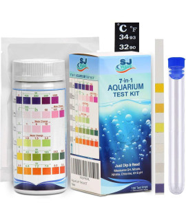 SJ WAVE 7 in 1 Aquarium Test Kit for Freshwater Aquarium Fast & Accurate Water Quality Testing Strips for Aquariums & Ponds Monitors pH, Hardness, Nitrate, Temperature and More (100 Tests)