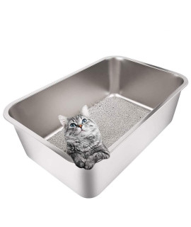 Yangbaga Stainless Steel Litter Box for Cat and Rabbit, Large Size with 8in High Sides and Non Slip Rubber Feet. Odor Control, Non Stick Smooth Surface, Easy to Clean, Never Bend
