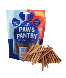Paw & Pantry 5 Soft & Chewy Stick Twists Made with Real Beef & Turkey - Pack of 50 Rawhide Free Beef & Turkey Dog Treats - Grain-Free Dog Twist Sticks - Healthy Dog Training Treats for Any Size Pup