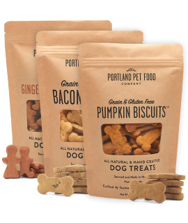 Portland Pet Food Company All-Natural Dog Treat Biscuits Multipack (3 x 5 oz Bags) - Flavor Variety Pack w/ Bacon, Gingerbread & Pumpkin - Grain-Free, Gluten-Free, Human-Grade, Limited Ingredients