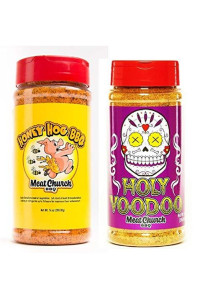 Meat church BBQ Rub combo: Honey Hog (14 oz) and Holy VooDoo (14 oz) BBQ Rub and Seasoning for Meat and Vegetables, gluten Free, One Bottle of Each