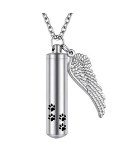 abooxiu Cylinder Cremation Necklace for Pet Ashes Urn Necklace with Angel Wing Pet Paw Ashes Necklace for Dog/Cat Pet Memorial Keepsake Jewelry