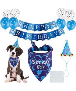 TCBOYING Dog Birthday Bandana, Dog Birthday Boy Hat Scarfs Flag Balloon with Cute Doggie Birthday Party Supplies Decorations(11-Piece Set) (Blue) (Style1, Blue)