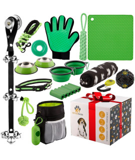 Puppy Starter Kit - Supplies, Accessories, 23 pc Set with Feeding Bowls, Lick Mat, Teaching Aids, Leash, Collar, Toys, Potty Training Bells & More for New Dogs, Green