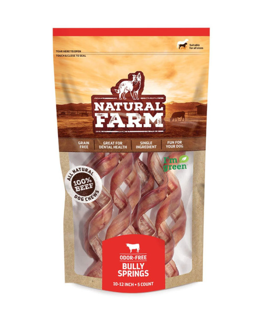 Natural Farm Odor-Free Curly Bully Sticks (10-12 Inch, 5 Pack), Fully Digestible, 100% Beef Pizzle Chews, More Engagement & Fun, Grass-Fed, Non-GMO, Fully Digestible - Best for Small & Medium Chewers