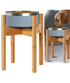 Dog Bowl Stand for Large Dogs - Height 14-inch, Adjustable, Lockable Width 8-11inches Wide - Food and Water Feeder Holder - Bamboo