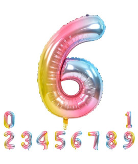 TONIFUL 40 Inch Rainbow Large Numbers Balloons 0-9, Number 6 Digit 6 Helium Balloons, Foil Mylar Big Number Balloons for Birthday Unicorn Party Anniversary Supplies Decorations