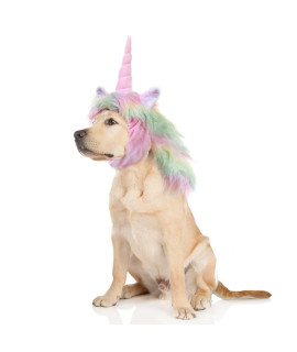 Onmygogo Funny Pet Reindeer Moose Costumes for Dog, Cute Furry Pet Wig for Halloween Christmas, Pet Clothing Accessories (Unicorn-Colorful, Size L)