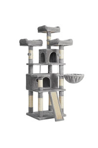 FEANDREA Cat Tree, Large Cat Tower, Cat Condo with Scratching Posts, Board, 2 Caves, 3 Plush Perches, Activity Center, 66.5 Inches, Light Gray UPCT019W01