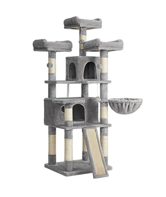 FEANDREA Cat Tree, Large Cat Tower, Cat Condo with Scratching Posts, Board, 2 Caves, 3 Plush Perches, Activity Center, 66.5 Inches, Light Gray UPCT019W01