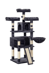 FEANDREA Cat Tree, Large Cat Tower, Cat Condo with Scratching Posts, Board, 2 Caves, 3 Plush Perches, Activity Center, 66.5 Inches, Smoky Gray UPCT019G01