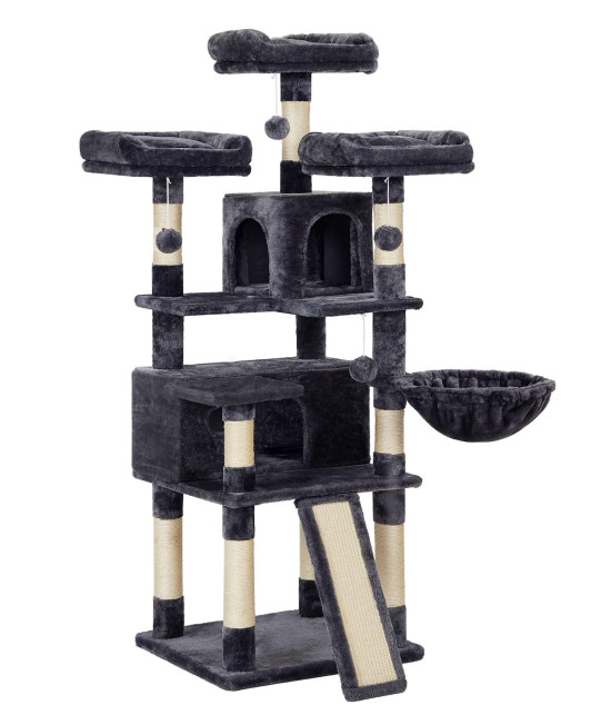 FEANDREA Cat Tree, Large Cat Tower, Cat Condo with Scratching Posts, Board, 2 Caves, 3 Plush Perches, Activity Center, 66.5 Inches, Smoky Gray UPCT019G01