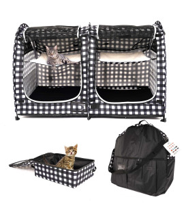 Mispace Portable Twin Compartment Show House Cat Cage/Condo - Easy to Fold & Carry Kennel - Comfy Puppy Home & Dog Travel Crate with Carry Bag/Two Hammocks/Mats and Collapsible Litter Box