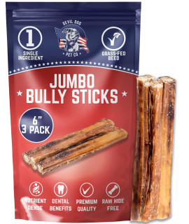 Devil Dog Pet Co Premium Bully Sticks for Dogs Pizzle Dog Chews - from 100% Grass-Fed, Free-Range Cattle - USA Veteran Owned (Jumbo, 6 Inch - 3 Pack)