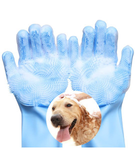 VavoPaw Magic Pet Grooming Gloves, Dog Bathing Shampoo Gloves with High Density Teeth, Heat Resistant Silicone Pet Hair Remover Brush for Cat & Dogs, Light Blue