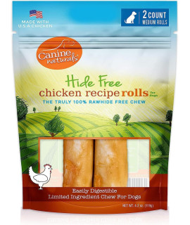 Canine Naturals Chicken Recipe Chew - Rawhide Free Dog Treats - Made From USA Raised Chicken - All-Natural and Easily Digestible - 2 Pack of 4 Inch Medium Rolls for Dogs 20-50lb