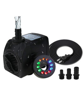 TOPBRY 400 GPH Submersible Fountain Pump (1800L/H, 25W), Ultra Quiet 12 LED Colorful Pump Lights with 3 Nozzles, 6 Feet Power Cord for Fish Tank, Pond, Aquarium, Statuary, Hydroponics