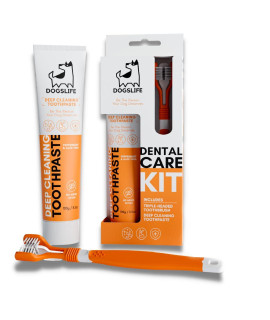 Dog Toothbrush with Toothpaste Approved Dog Dental Kit Triple Headed Deep cleaning Toothbrush for Dogs + 100% Natural Toothpaste Freshen Breathe & Remove Plaque