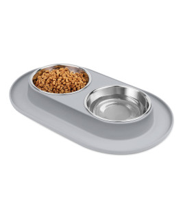 Flexzion Raised Dog Bowls and Mat Set - Pet Food & Water Feeding Station, Non Slip Spill Proof Gray Silicone Base with 2 12oz Stainless Steel Dog Bowls for Small to Medium Size Dogs and Cats
