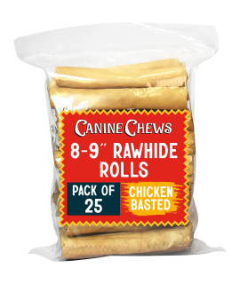 Canine Chews 8-9 Chicken Basted Rawhide Retriever Rolls - Pack of 25 Chicken-Flavored Long-Lasting Dog Rawhide Chews - Protein-Dense Jumbo Rawhide Bones For Large Dogs - Treats for Aggressive Chewers