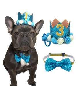 POSAPET Cat Dog Birthday Crown Hat and Bow Tie Collar Set Pet Boy Birthday Party Supplies (Blue)