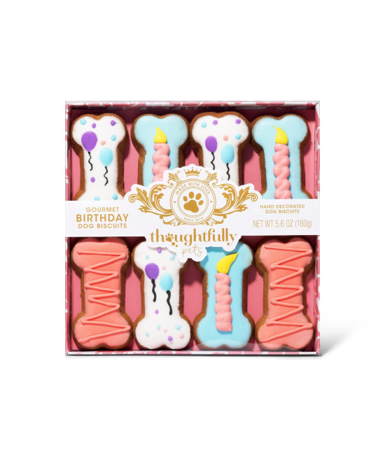 Thoughtfully Pets, Dog Birthday Cookie Gift Set, Hand Decorated Crunchy Dog Treats in Bone Shapes, Great for Dog Birthdays, Set of 8