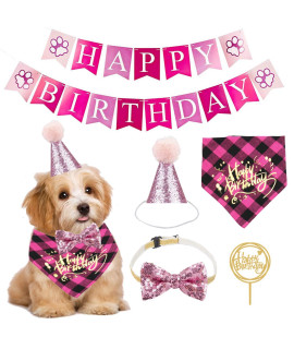 ADOggYgO Dog Birthday girl Bandana - Dog 1st Birthday Party Supplies - Puppy Birthday Hat Scarf Happy Birthday Banner Dog girl First Birthday Outfit for Pet Puppy cat (Pink hatScarfcollarBanner)