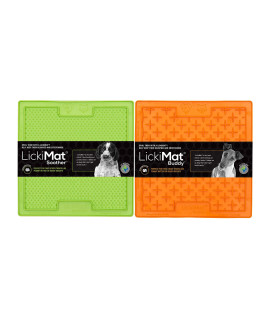 Lickimat Slow Feeder for Dogs, Boredom & Anxiety Reducer; for Food, Treats, Yogurt, or Peanut Butter. Fun Alternative to a Slow Feed Dog Bowl, 2-Pack Classic Dog Buddy & Soother, Green & Orange.