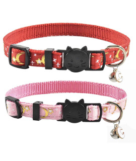 2 PCS Breakaway Cat Collar with Bell, Cute Adjustable Kitten Collars with Accessories (Red Pink)