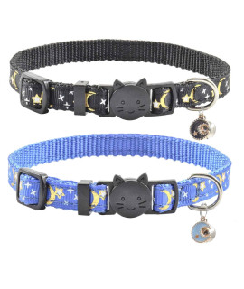 2 PCS Breakaway Cat Collar with Bell, Cute Adjustable Kitten Collars with Accessories (Blue Black)