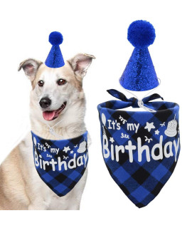 Dog Birthday Bandana Scarf with Cute Bling Hat Pet Party Supplies Boy and Girl for Small Medium Large Dogs Blue