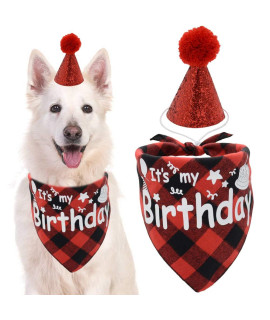 Dog Birthday Bandana Scarf with Cute Bling Hat Pet Party Supplies Boy and Girl for Small Medium Large Dogs Red