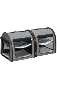 PawHut 39 Portable Soft-Sided Pet Cat Carrier with Divider, Two Compartments, Soft Cushions, & Storage Bag, Grey
