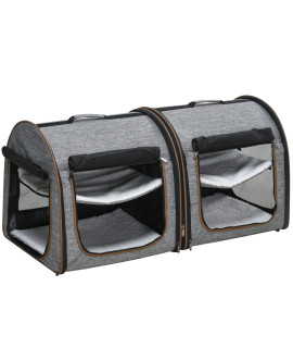 PawHut 39 Portable Soft-Sided Pet Cat Carrier with Divider, Two Compartments, Soft Cushions, & Storage Bag, Grey