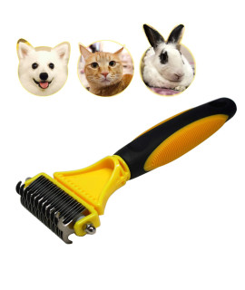 Pet Dematting Comb - 2 Sided Undercoat Rake for Cats & Dogs - Safe Grooming Tool for Easy Mats & Tangles Removing - Medium and Long Haired Cats Dogs Brush for Shedding Yellow