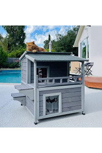 Aivituvin 2 Story Cat House Enclosure with Large Balcony, Indoor Cat Condo Outdoor Cat Shelter, Wooden Kitty Home with PVC Door Strip