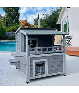 Aivituvin 2 Story Cat House Enclosure with Large Balcony, Indoor Cat Condo Outdoor Cat Shelter, Wooden Kitty Home with PVC Door Strip