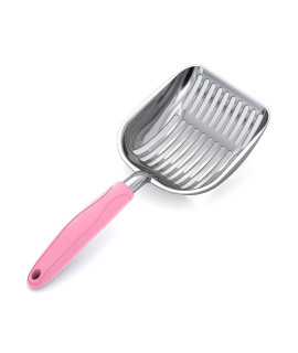 WePet Cat Litter Scoop, Aluminum Alloy Sifter, Kitty Metal Scooper, Deep Shovel, Long Handle, Poop Sifting, Kitten Pooper Lifter, Heavy Duty, for Litter Box, Polished Aluminum with Pink Handle